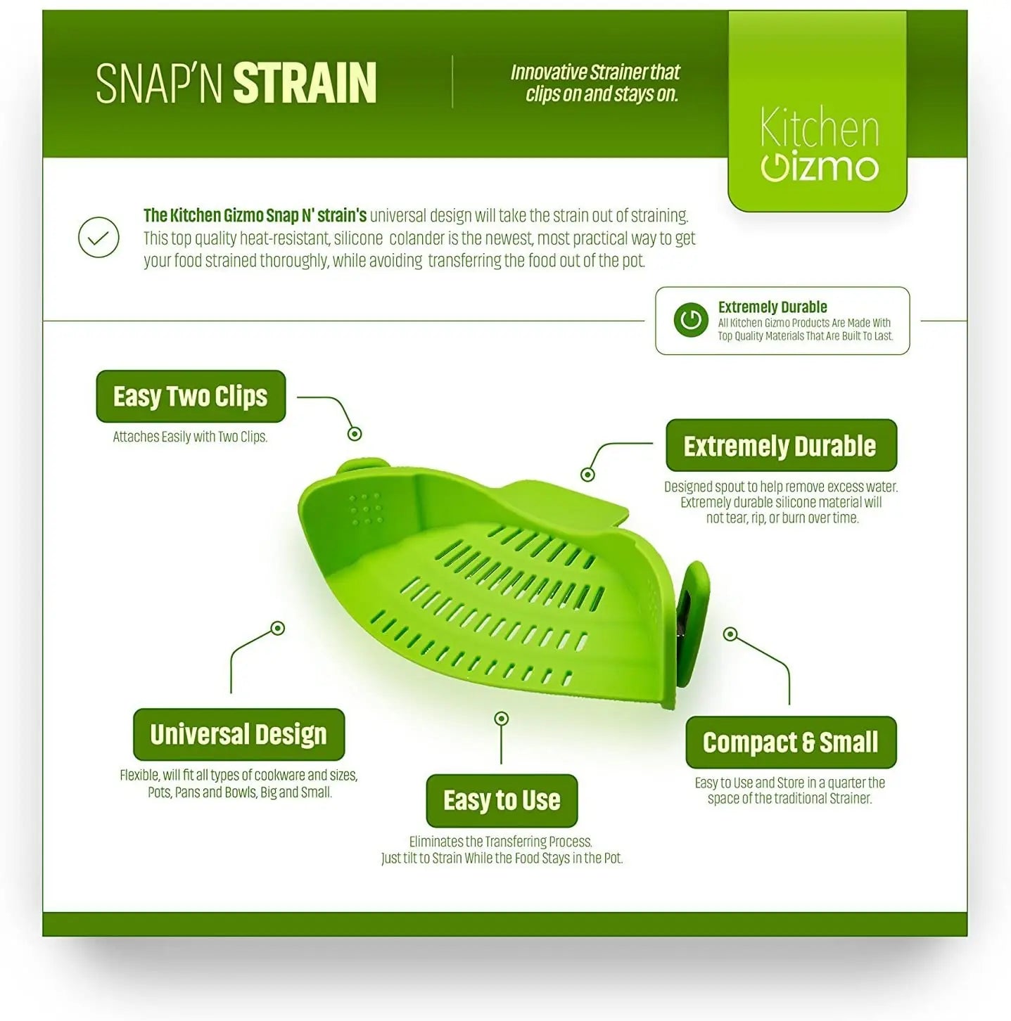 Kitchen Gizmo Snap 'N Strain Strainer, Clip On Silicone Colander, Fits All Pots and Bowls - Lime Green pattanaustralia